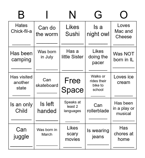 YOUTH HUMAN BINGO Card