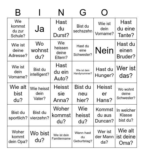 Fragen: Wie, Wo, Woher, Wohin, Wer Bingo Card