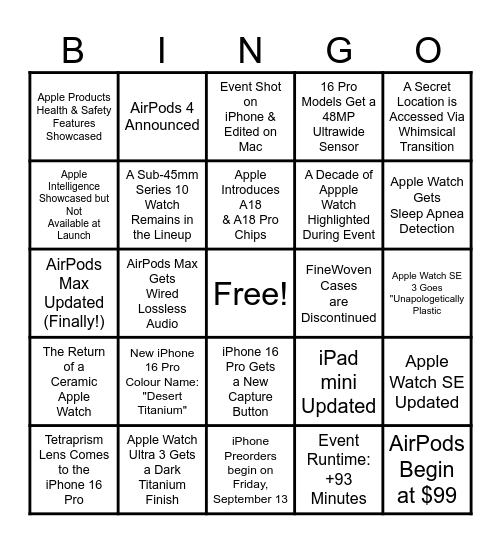 It's Glowtime. Apple Event Bingo Card