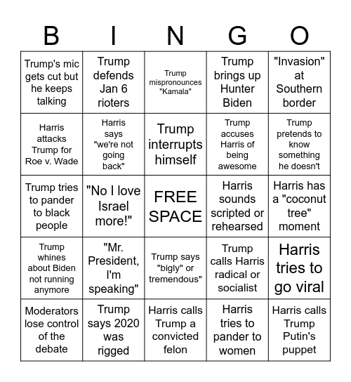 2024 Harris v. Trump Debate Bingo Card