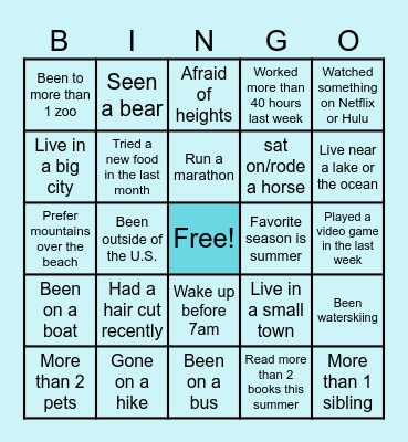 GET TO KNOW ME! Bingo Card
