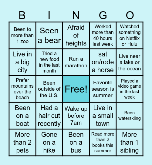 GET TO KNOW ME! Bingo Card