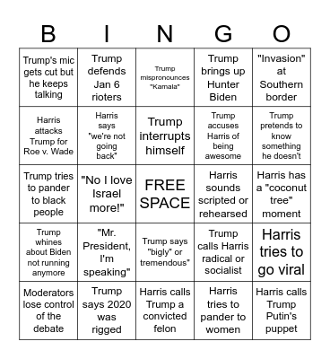 2024 Harris v. Trump Debate Bingo Card