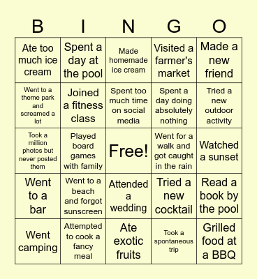 My summer Bingo Card