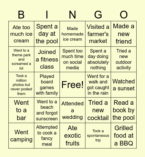 My summer Bingo Card