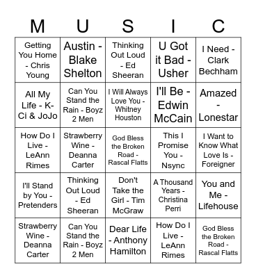 Misty & Cody's Playlist Bingo Card