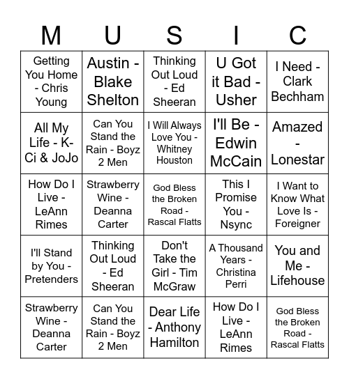 Misty & Cody's Playlist Bingo Card