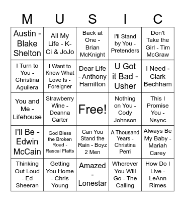 Misty and Cody's Playlist Bingo Card