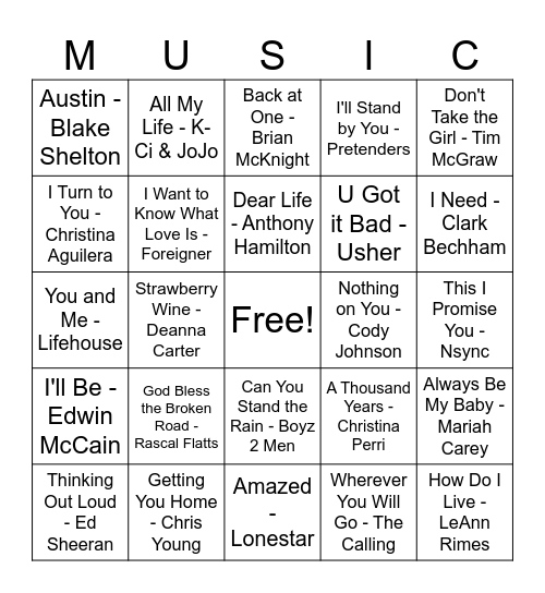 Misty and Cody's Playlist Bingo Card