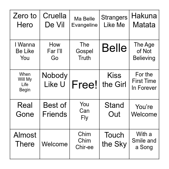 Disney Game 1 Bingo Card