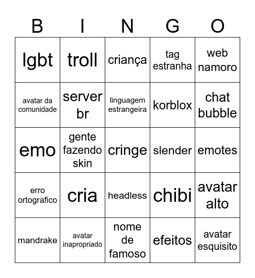 catalog avatar Bingo Card