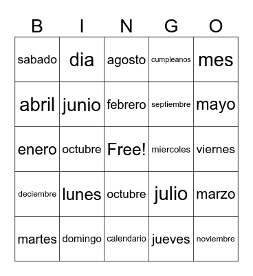 months, days Bingo Card
