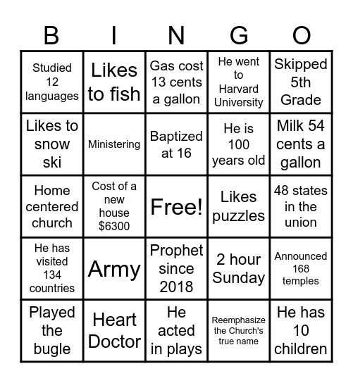 President Nelson Bingo Card