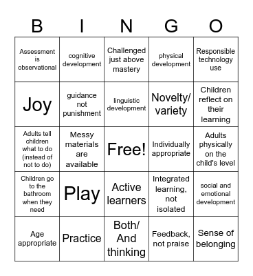 Developmentally appropriate practice Bingo Card