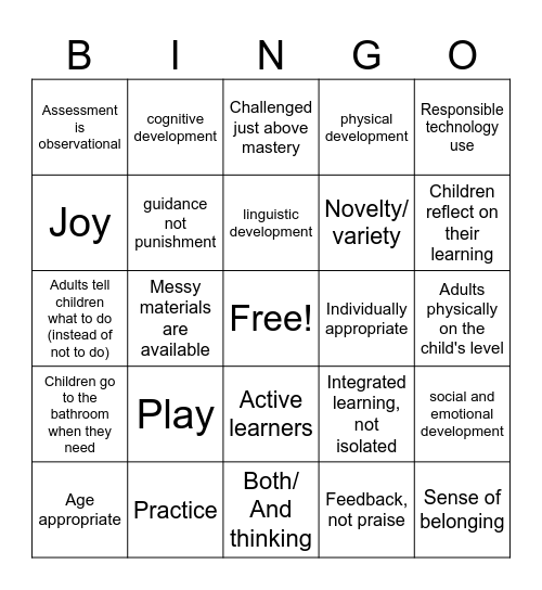 Developmentally appropriate practice Bingo Card