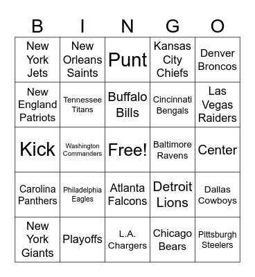 NFL Bingo Card