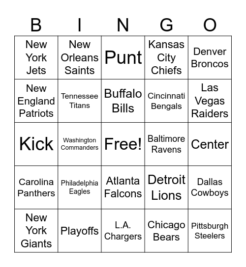 NFL Bingo Card
