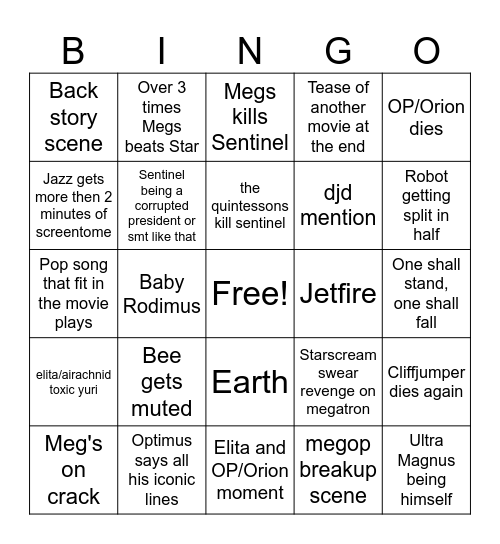 Transformers One Bingo Card