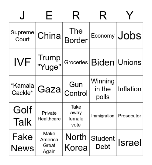 September 2024 Presidential Debate Bingo Card