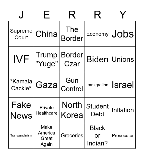 September 2024 Presidential Debate Bingo Card