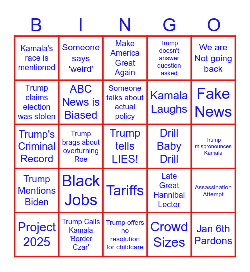 Presidential Debate BINGO '24 Bingo Card