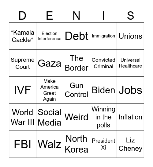 September 2024 Presidential Debate Bingo Card