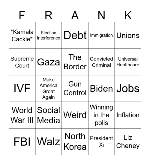 September 2024 Presidential Debate Bingo Card