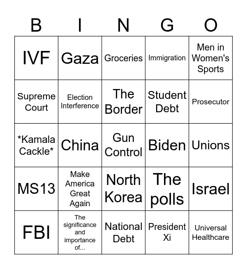 September 2024 Presidential Debate Bingo Card