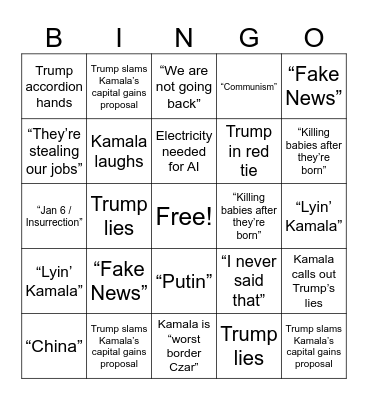 Debate Bingo - Kamala vs Trump Bingo Card