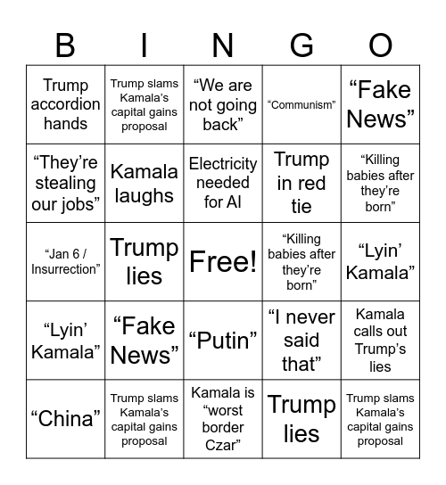 Debate Bingo - Kamala vs Trump Bingo Card