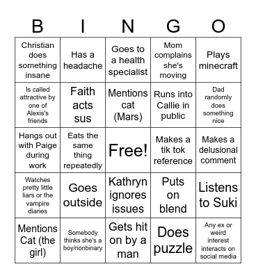 Rachel Bingo Card