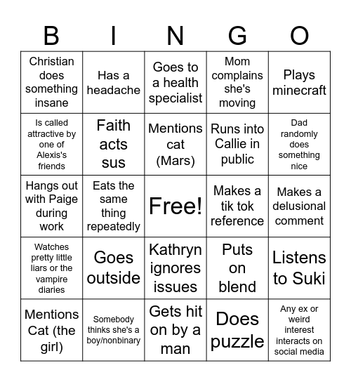 Rachel Bingo Card