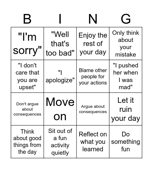 Responsibility Bingo Card