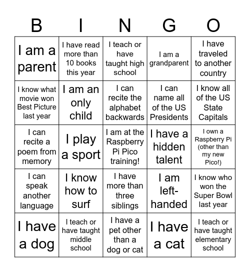 Pico Training Bingo Card