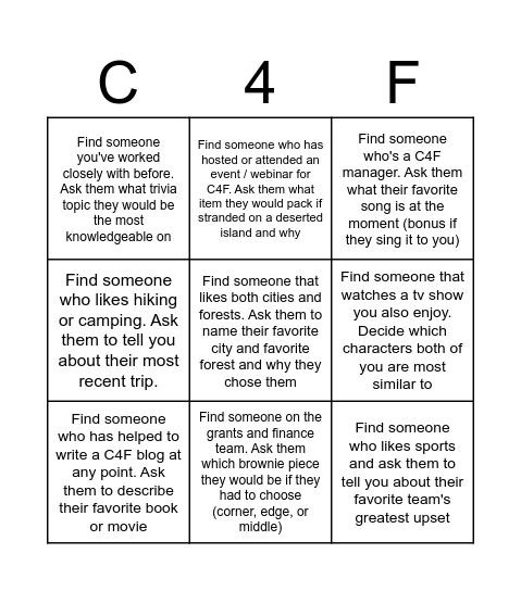 Cities4Forests Team Bingo Card