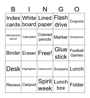 Back to School Bingo Card