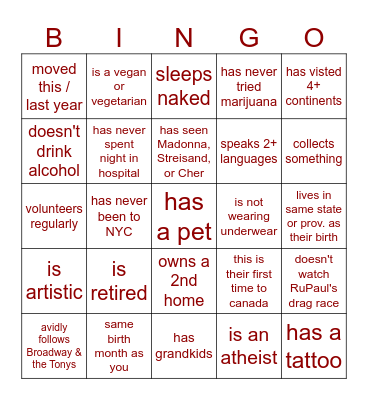 Daddy Cruise Canada Bingo Card