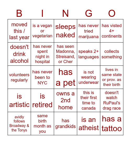 Daddy Cruise Canada Bingo Card