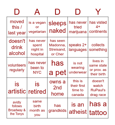 Daddy Cruise | Canada 2024 Bingo Card