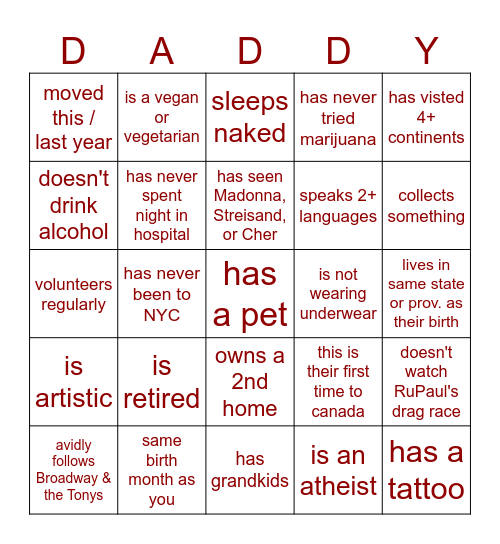 Daddy Cruise | Canada 2024 Bingo Card