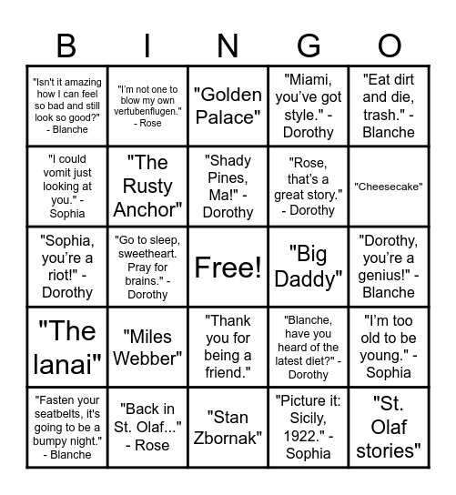 Golden Girls Bingo Card