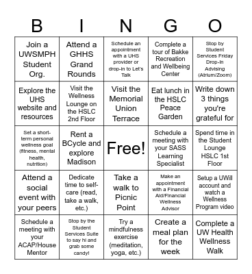 UWSMPH M1 Wellness Bingo Challenge Bingo Card