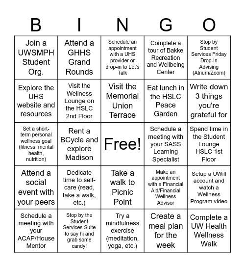 UWSMPH M1 Wellness Bingo Challenge Bingo Card