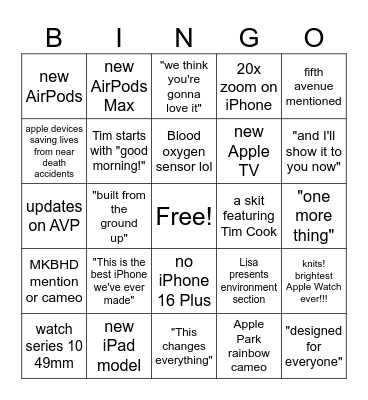 Apple Keynote September Event 2024 Bingo Card