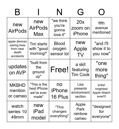 Apple Keynote September Event 2024 Bingo Card