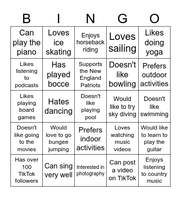 Interests & Hobbies Bingo Card