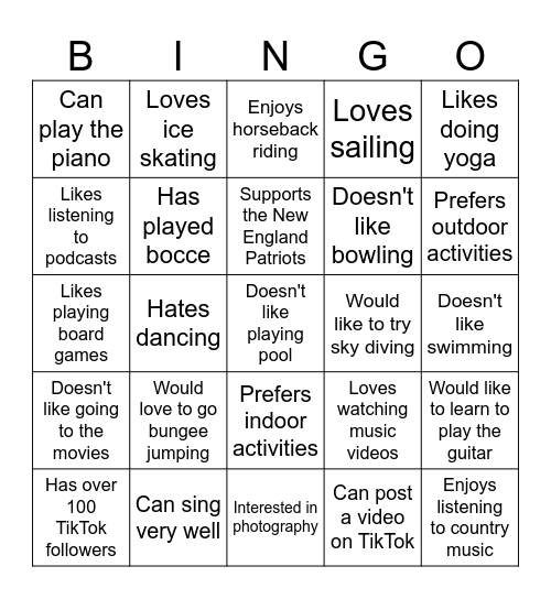 Interests & Hobbies Bingo Card