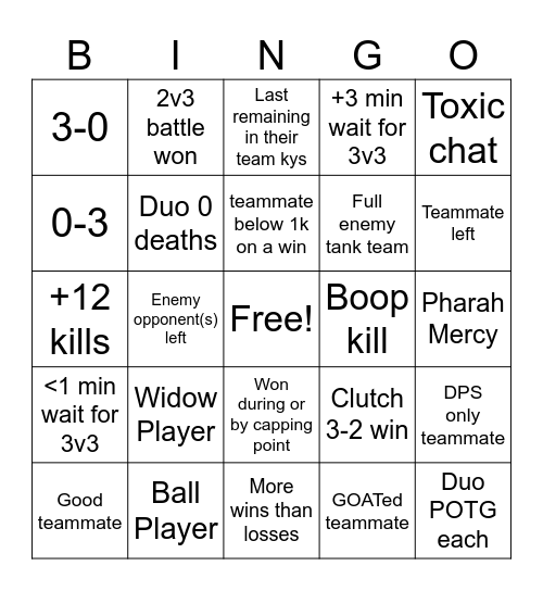 Overwatch 3v3 Bingo Card