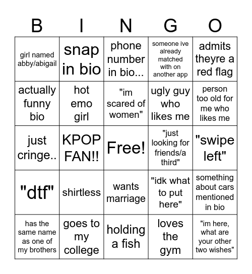 Tinder Bingo Card