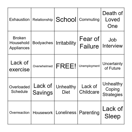 Stress Bingo Card